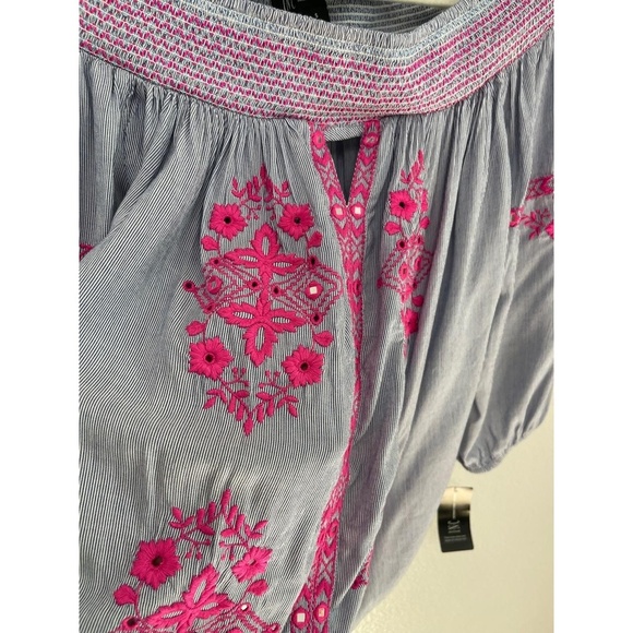 INC Off the Shoulder Blue with Hot Pink Embroidered Smocked Size S Bohemian Chic - Picture 4 of 10